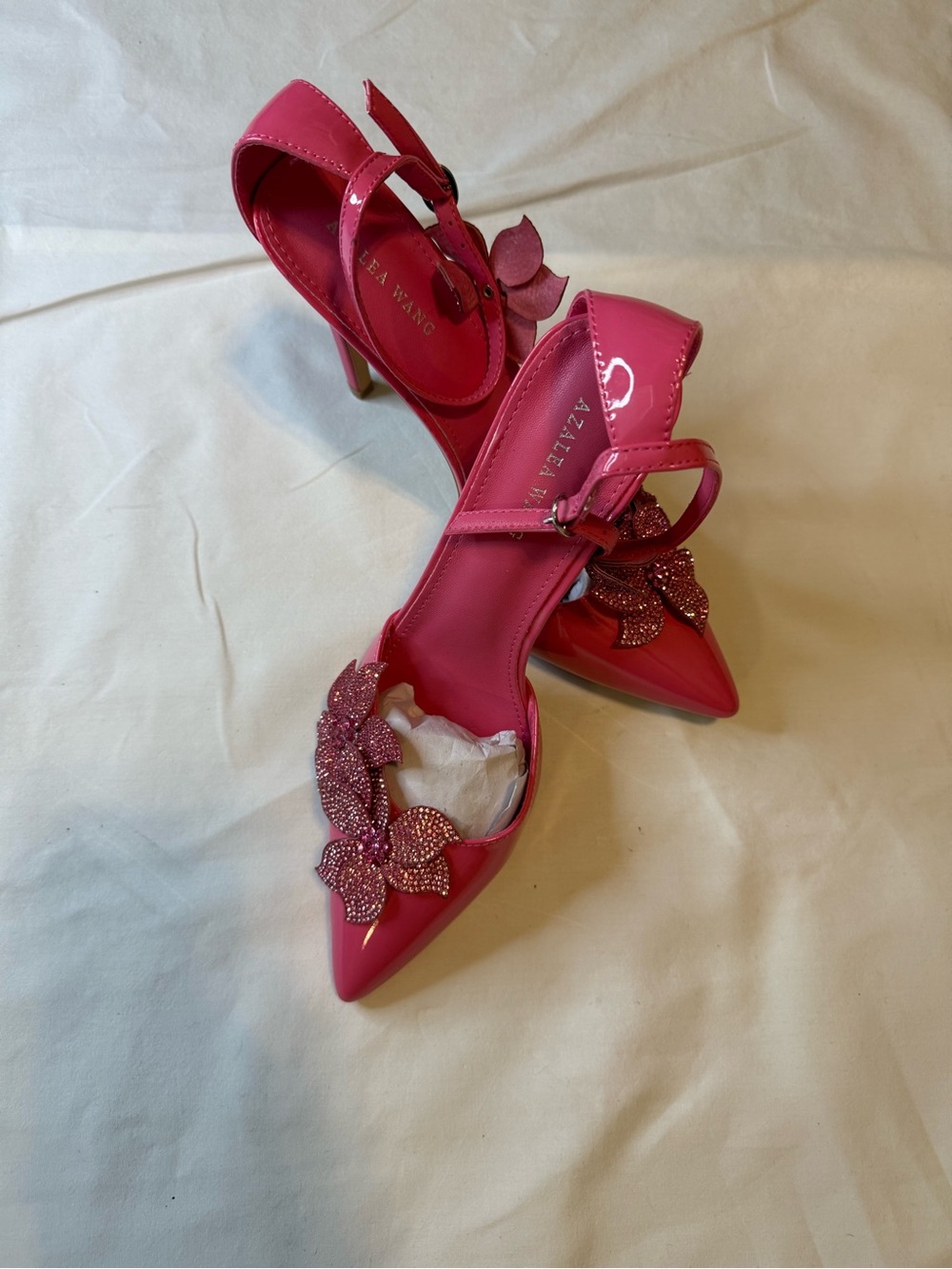 Embellished Hot Pink Pointed-Toe Heels with Ankle Strap